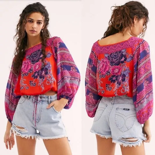 Free People Blue Nile Floral Print Boho Blouse